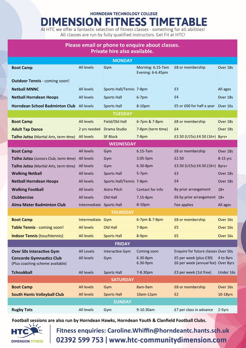HTC Community has a variety of fitness and leisure activities plus special events. Here are the latest timetables! Online booking: ticketsource.co.uk/horndean-techn…