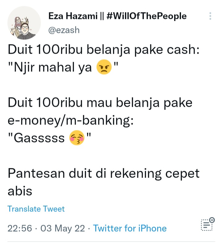 Sudah pernah ada studi ilmiah ttg ini. 

Hasil risetnya : saat keluarkan uang fisik, rasa bersalah seseorang lbh gede drpd keluarkan uang digital. 

Emotional attachment kita pd uang fisik lbh kuat drpd sama uang digital.

Penelitinya sarankan : kurangi pemakaian e-money.
