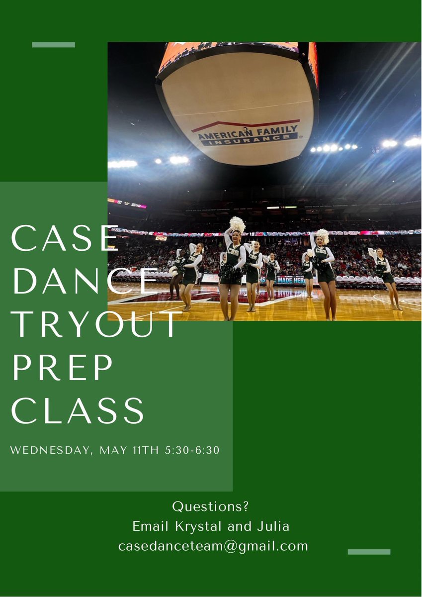Join us for our Info Meeting &amp; Tryout Prep Class! You’ll learn a fun sideline, review the technique we’ll be doing at tryouts, &amp; enter a raffle for FREE Case gear! You don’t want to miss it! 

Wednesday, May 11th, 2022
Info Meeting:5:00-5:30 (Cafeteria)
Prep Class:5:30-6:00 (Gym)
