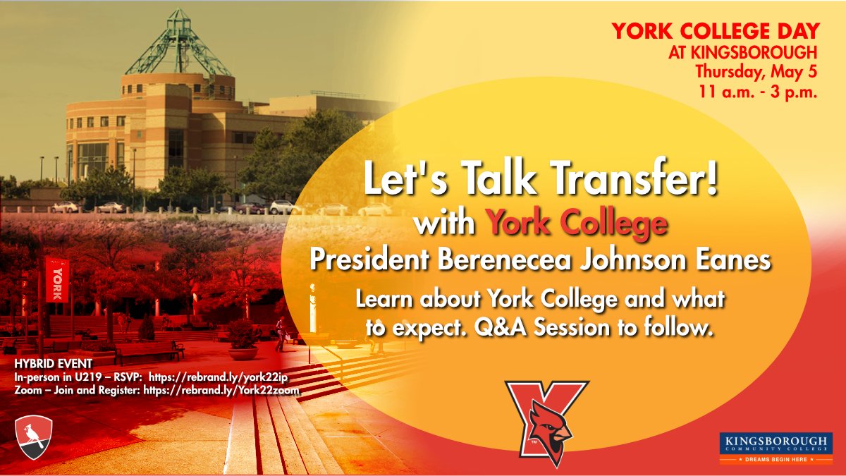 Learn why @YorkCollegeCUNY is a great transfer choice. Thurs., May 5. 11am–3pm – Meet w/Admissions Staff (outside cafeteria); 1pm–2pm – @YorkCollegeCUNY Pres Berenecea Johnson Eanes | HYBRID: RSVP for in-person, U-219: ow.ly/ftoQ50IX4ua or Zoom: ow.ly/j3Hm50IX4ub