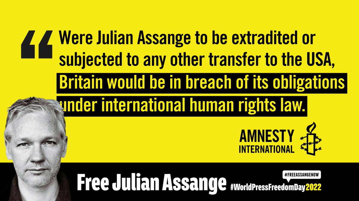 wikileaks's tweet image. Amnesty International: "Were Julian Assange to be extradited or subjected to any other transfer to the USA, Britain would be in breach of its obligations under international human rights law" @amnesty #FreeAssangeNOW