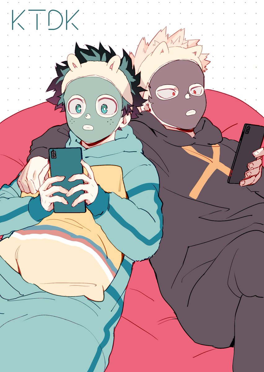 midoriya izuku multiple boys 2boys phone male focus holding phone green hair holding  illustration images