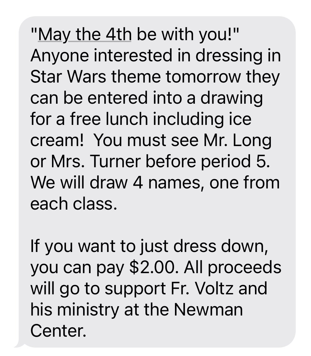 📢HEY, PIONEER NATION📢

Check out this note from Principal Long about tomorrow…

#StarWarsDay