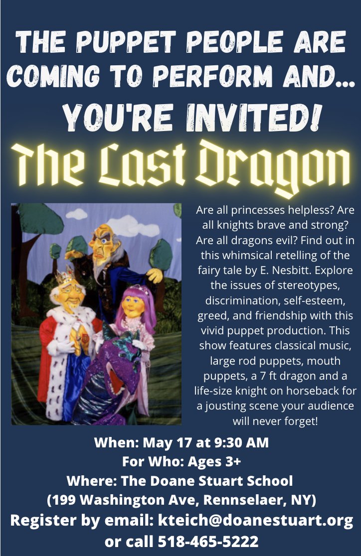 DoaneStuart's tweet image. Parents of preschoolers! Homeschoolers! Preschools! You're all invited! May 17 at 9:30 for ages 3+ come to #rensselaerny at the #doanestuart school for a performance by the puppet people!