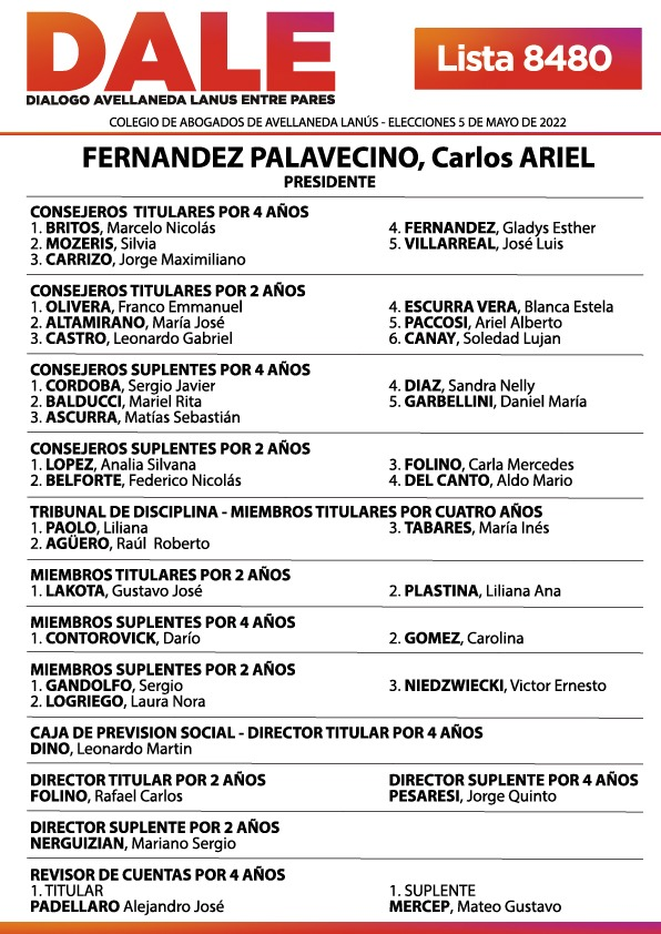 DialogoCAAL's tweet photo. El jueves es un día muy importante para los abogados de Avellaneda - Lanús 👈

Te pedimos tu voto de confianza en las urnas, tenemos las mejores propuestas y el mejor equipo que necesitan los colegas 😉

Nuestro espacio plural se llama DALE, ¡y esta es nuestra lista! 🙌 https://t.co/3gPaprmjdI