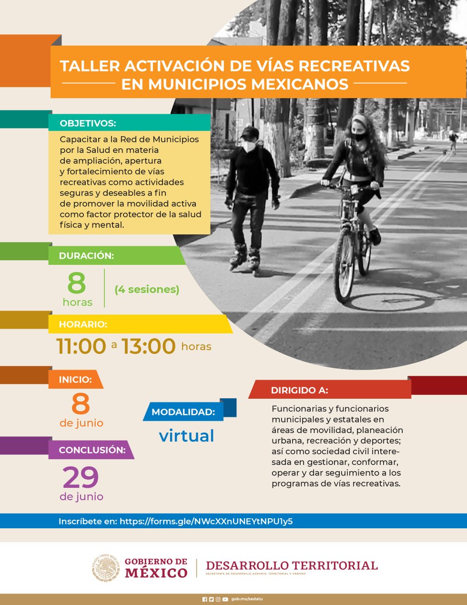 SEDATU_mx's tweet photo. Te invitamos al taller 'Activación de vías recreativas en municipios mexicanos'.

Inicia el 8 de junio y se impartirá de manera virtual en 4 sesiones.

¡Entra a https://t.co/jQU9RezaiU e inscríbete!

#Movilidad4S https://t.co/aCOKKWMZ6m
