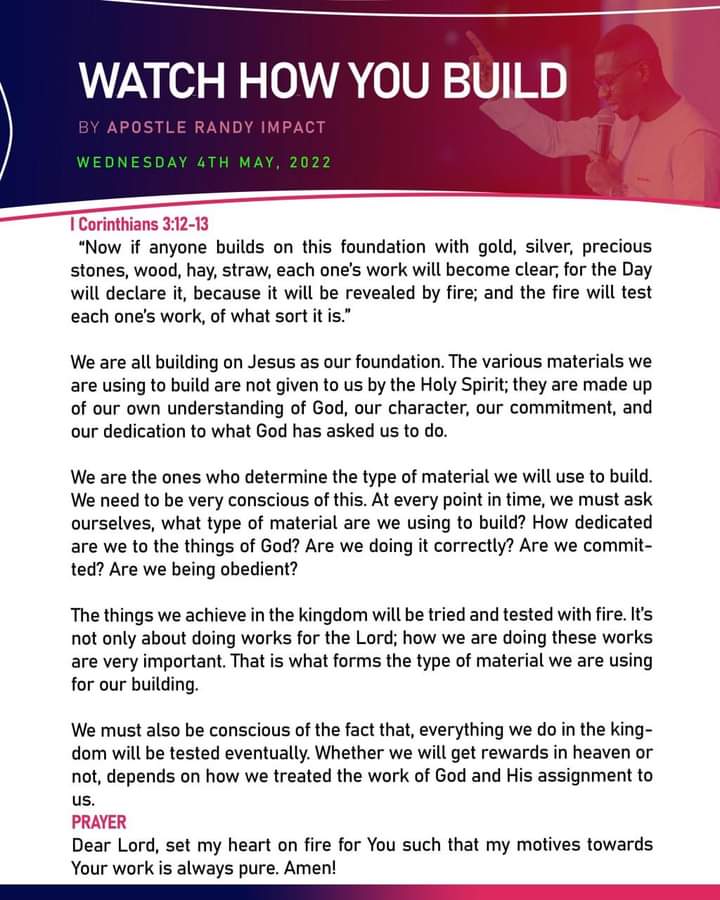 What are you using to build? Our reward in heaven will depend on how we treated God’s work on earth.  Amen.

#dailydevo
#dailyword 
#dailydevotional 
#salvation 
#soulfood
