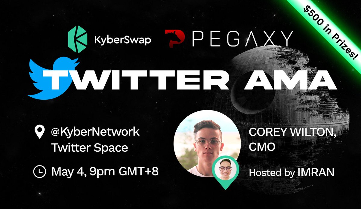 May the 4th isn’t just #StarWarsDay 😏
It’s also the day of our long-awaited <a href="/KyberNetwork/">Kyber Network</a> x <a href="/PegaxyOfficial/">Pegaxy</a>  AMA 🐎 🥳

Join Kyber's HoM <a href="/imranfaststart/">0ximran (defi/maxi) 🦄💨✨</a> and Pegaxy's CMO <a href="/RealCoreyWilton/">Corey Wilton</a> as they discuss partnerships, past &amp; present and what to expect next..

Details below 👇