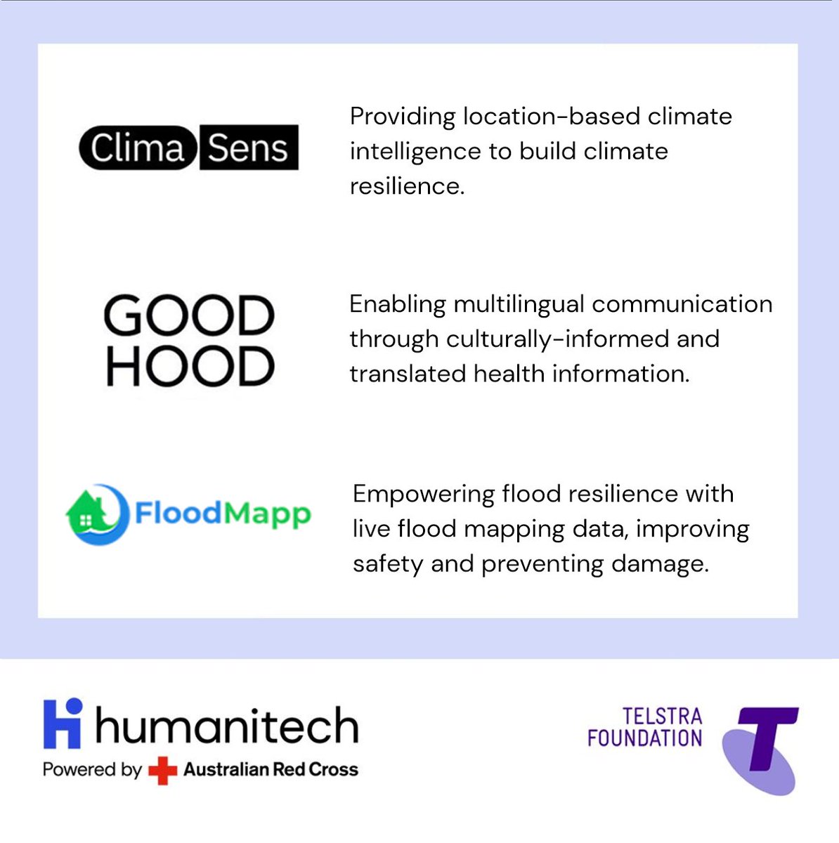We have some news.📢

With the support of founding partner <a href="/Telstra/">Telstra</a>  Foundation, we've awarded $100K to three organisations harnessing the power of #techforgood. 

💥<a href="/SensCity_/">Climasens</a> 
💥GoodHood
💥<a href="/FloodMapp/">FloodMapp</a>

1/2