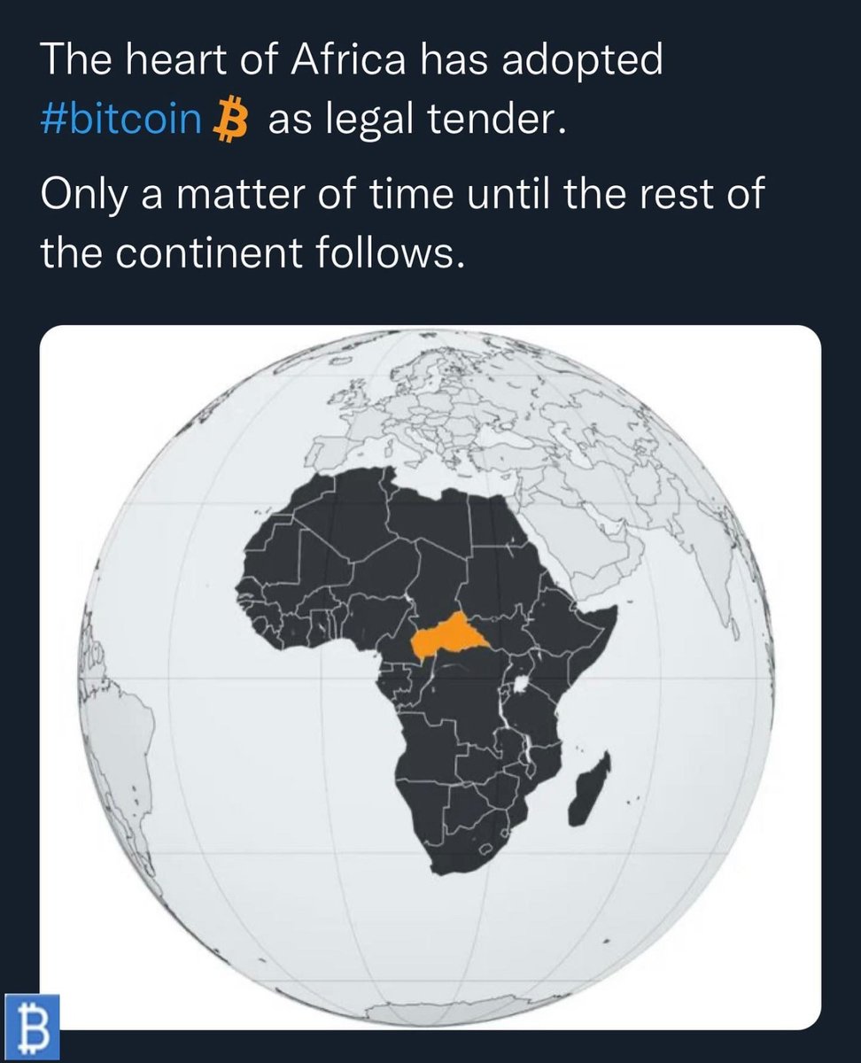 The Heart Of Africa Has Adopted #Bitcoin As Legal Tender.

Only A Matter Of Time Until The Rest Of The Continent Follows.

 #africa #legal #bitcoin #cryptocurrency #investement #crypto #cryptotrading #enterpreneur #fiat #Money