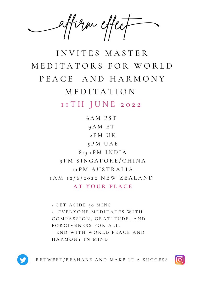 affirmeffect's tweet photo. Are you a master meditator and want to use your super power to bring in world harmony? We need 100k of you for a massive meditation event on June 11th. Retweet this to your followers and help a great cause #meditation #WorldPeace https://t.co/S5M7O3nyfx
