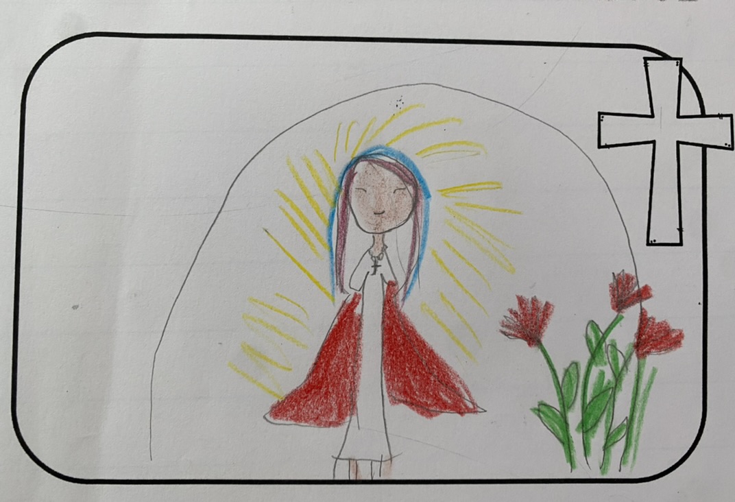 EllaHanich2's tweet photo. Last Friday it was Saint Bernadette's day and the whole school had an art competition.  This is one of the drawings one of my Year 1's drew of Saint Bernadette. #acuedu_p https://t.co/NNYhpjeWyw