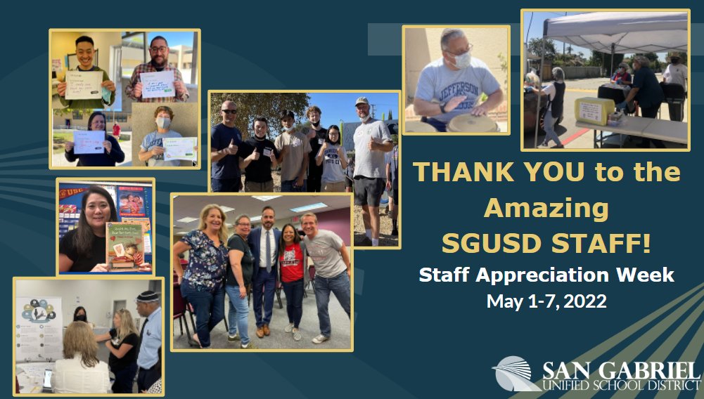 SanGabrielUSD's tweet photo. It's Staff Appreciation Week in SGUSD! Please thank our incredible SGUSD staff for all they do to make a difference in the lives of students and school community! #wearesgusd #sangabrielexperience #thankateacher #thankaclassifiedstaffmember #staffappreciationweek2022 #sgusdstrong https://t.co/a14SJWborx