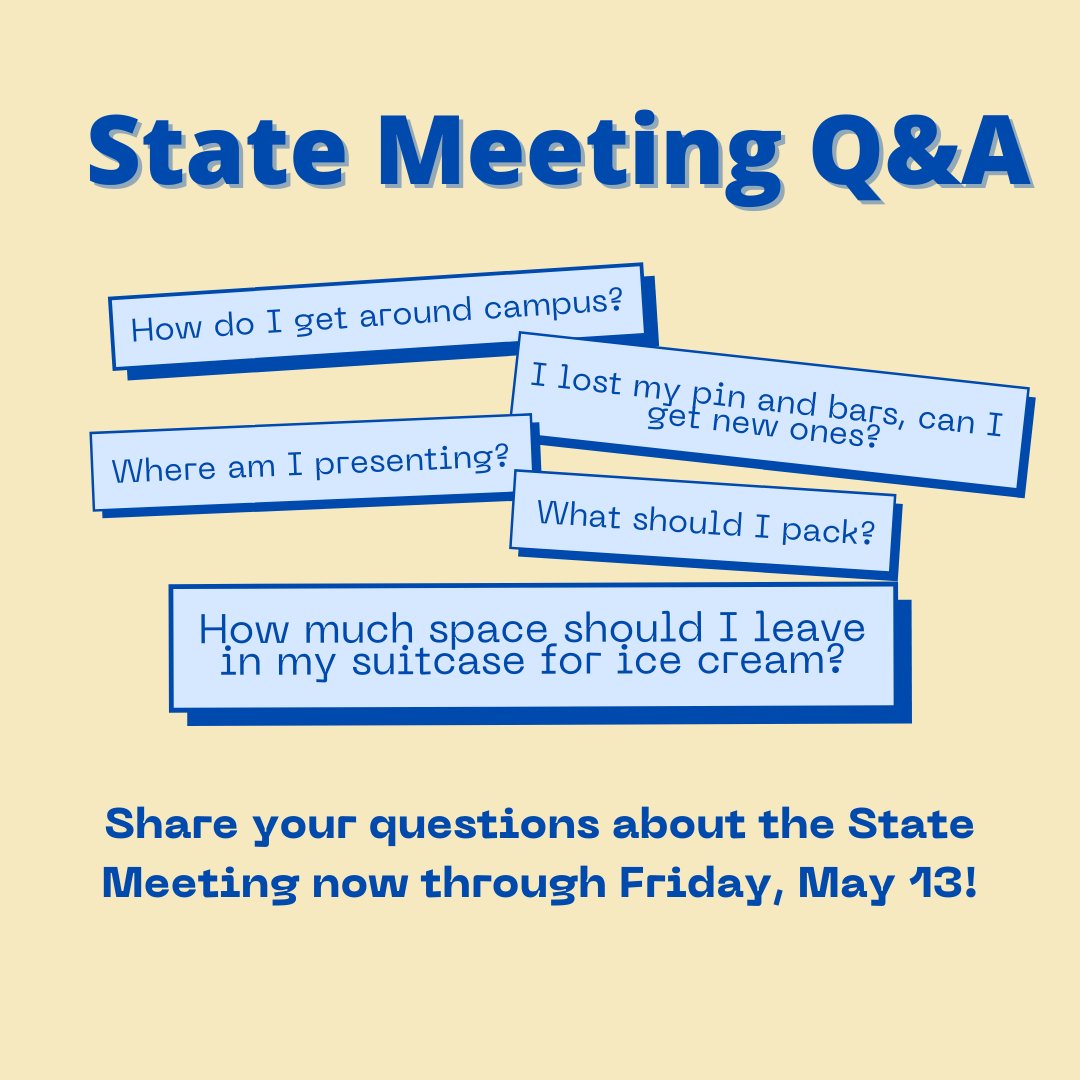 PJASorg's tweet photo. STATE MEETING Q&amp;A!

We're sure you have at least a few questions about the upcoming State Meeting at @penn_state. Reply with your questions between now and Friday, May 13, and we'll answer each one! https://t.co/x3oRt6fl0J