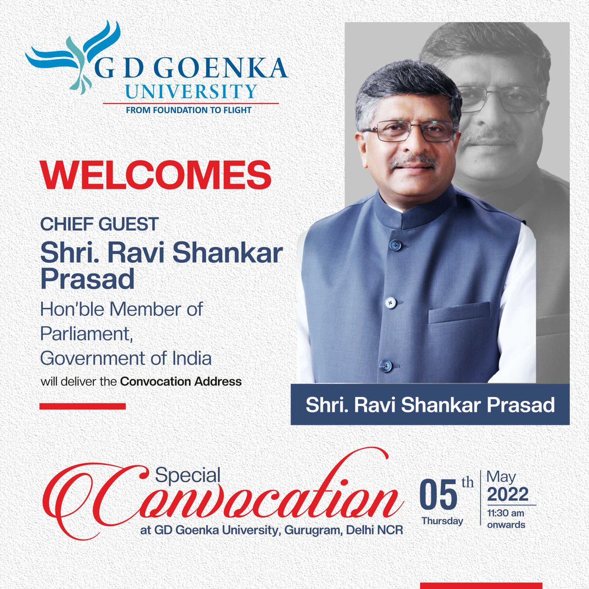 goenka_univer's tweet photo. GD Goenka University welcomes Shri Ravi Shankar Prasad, Hon’ble Member of Parliament, Government of India, as a Chief Guest at the Special Convocation on 5th May 2022.
#SpecialConvocation #RaviShankarPrasad #AuxiliaMnangagwa #28YearsOfExcellence #GDGoenkaUniversity #GDGU https://t.co/zSMS995BlI