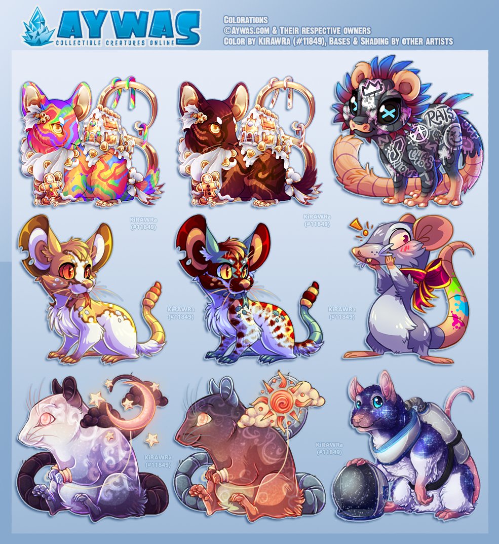 KiRAWRart's tweet photo. Just a batch of colorations I've made for myself over on @Aywas! All of these were drawn and shaded by other artists, I only colored them.
๐
#aywas #rats #virtualpets #digitalart #fantasyart https://t.co/wbeiLINQJH