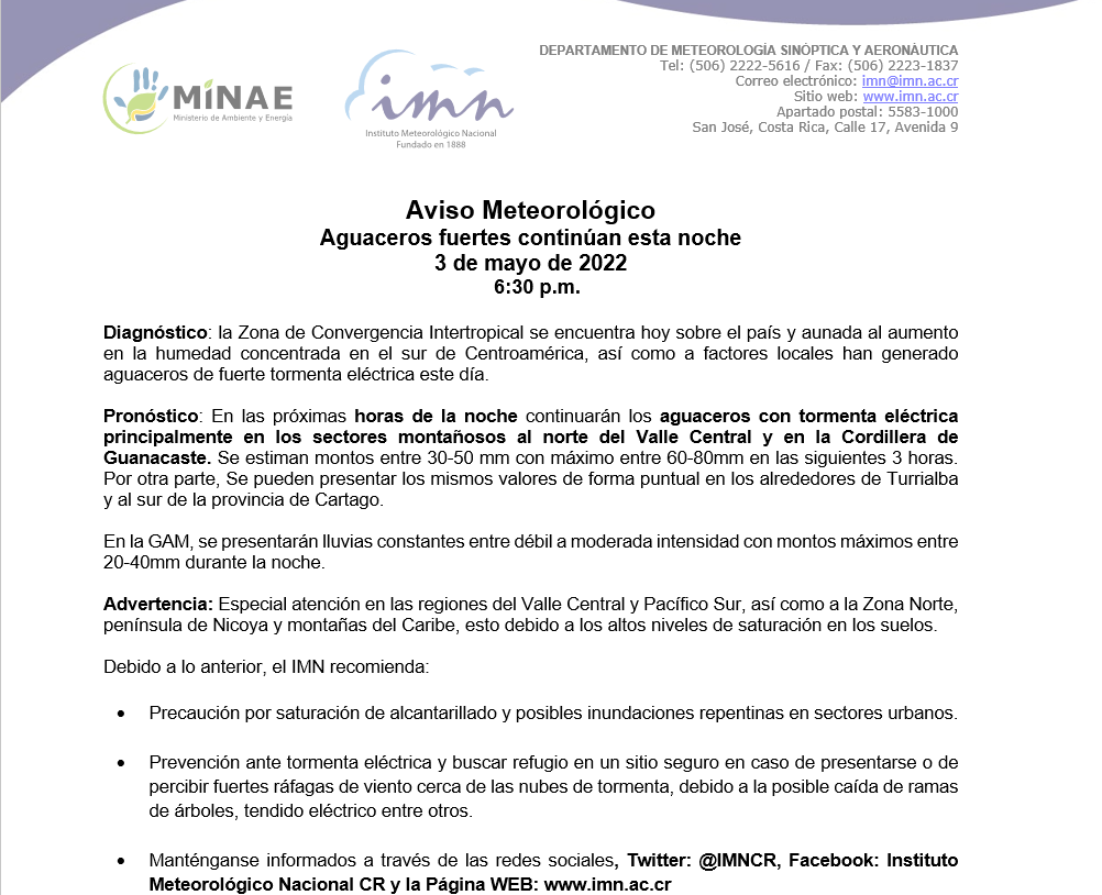 IMNCR's tweet photo. #IMN_Aviso Meteorológico
Emitido: 3 de mayo de 2020
6.30 p.m.
https://t.co/fdsyzBoMCN https://t.co/fpCg79CeNl