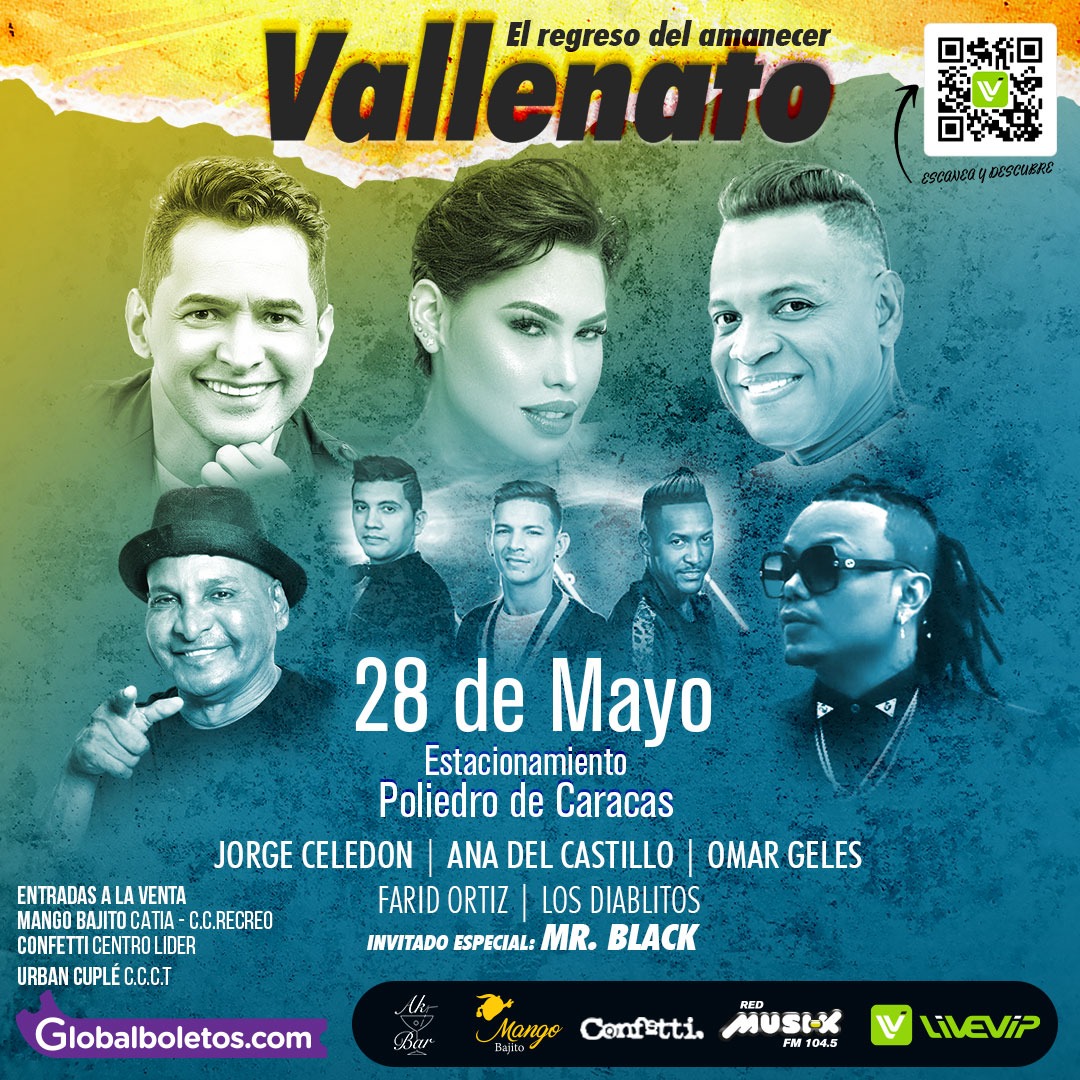 estendenciavzl's tweet image. Este 28 de Mayo, Jorge Celedón, Ana del Castillo, Omar Geles, Farid Ortiz y los Diablitos se presentarán en el #AmanecerVallenato de @livevip_music y @globalboletos

Entradas a la venta en:
globalboletos.com/Event/iZ69cNIF…

#LiveVIP