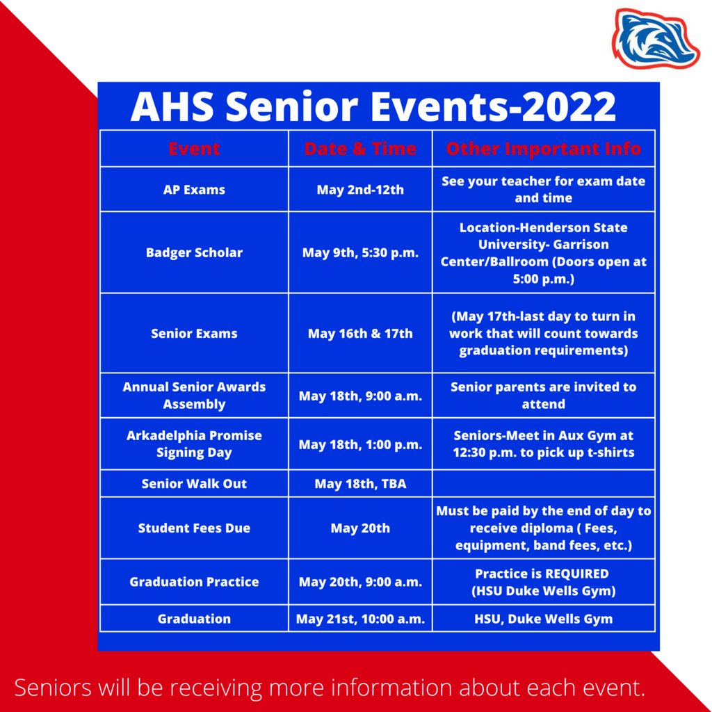 AHS_News's tweet photo. May is here! Remember these important dates for our Arkadelphia High School Class of 2022. https://t.co/bBrsgCSM9J
