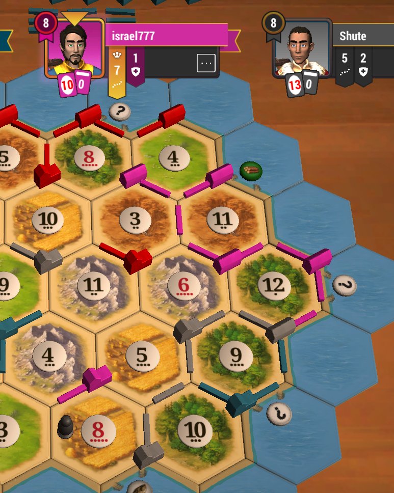 ShuteCatan's tweet photo. Rare double Shuting on right side of the #Catan board where Gray beats Pink and Blue to the settlement spot. https://t.co/jDb9ObaH4U