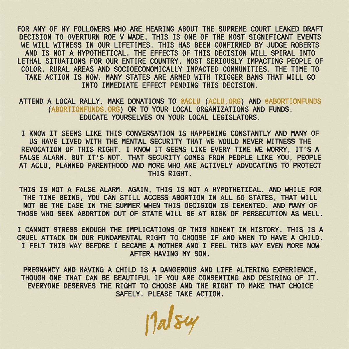 halsey's tweet image. The overturning of Roe V Wade will mark a catastrophic shift in our fundamental rights to bodily autonomy and reproductive health care. We are constituents and we have the right and responsibility to fight this.

@aclu
@PPFA 
@AbortionFunds