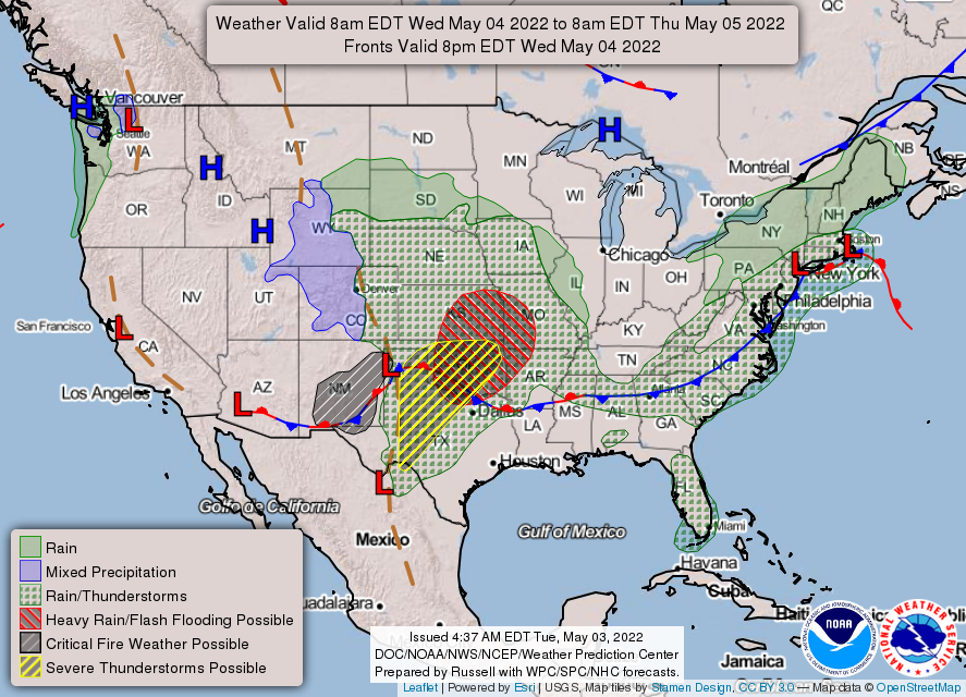 NWS's tweet photo. Severe thunderstorms with tornadoes, damaging winds, hail, and heavy rainfall are expected over the southern Plains Wednesday. Excessive rainfall with rainfall rates of two-inches per hour or higher could bring flash flooding. https://t.co/VyWINDBEpn https://t.co/1mJSeVEIzw