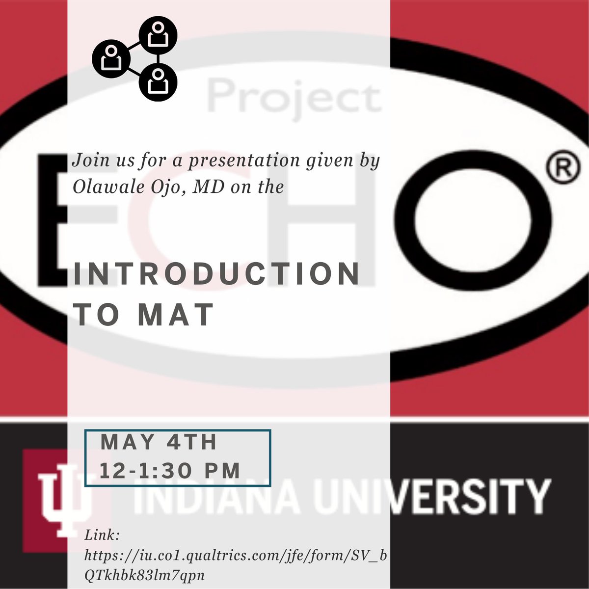 Join us TODAY at 12 PM EST for a prescriber presentation: "Introduction to MAT" given by Olawale Ojo, MD. 
Register here: iu.co1.qualtrics.com/jfe/form/SV_bQ… 

#research #echo #indianauniversity #mat #behavioralhealth #prescriber #presentation