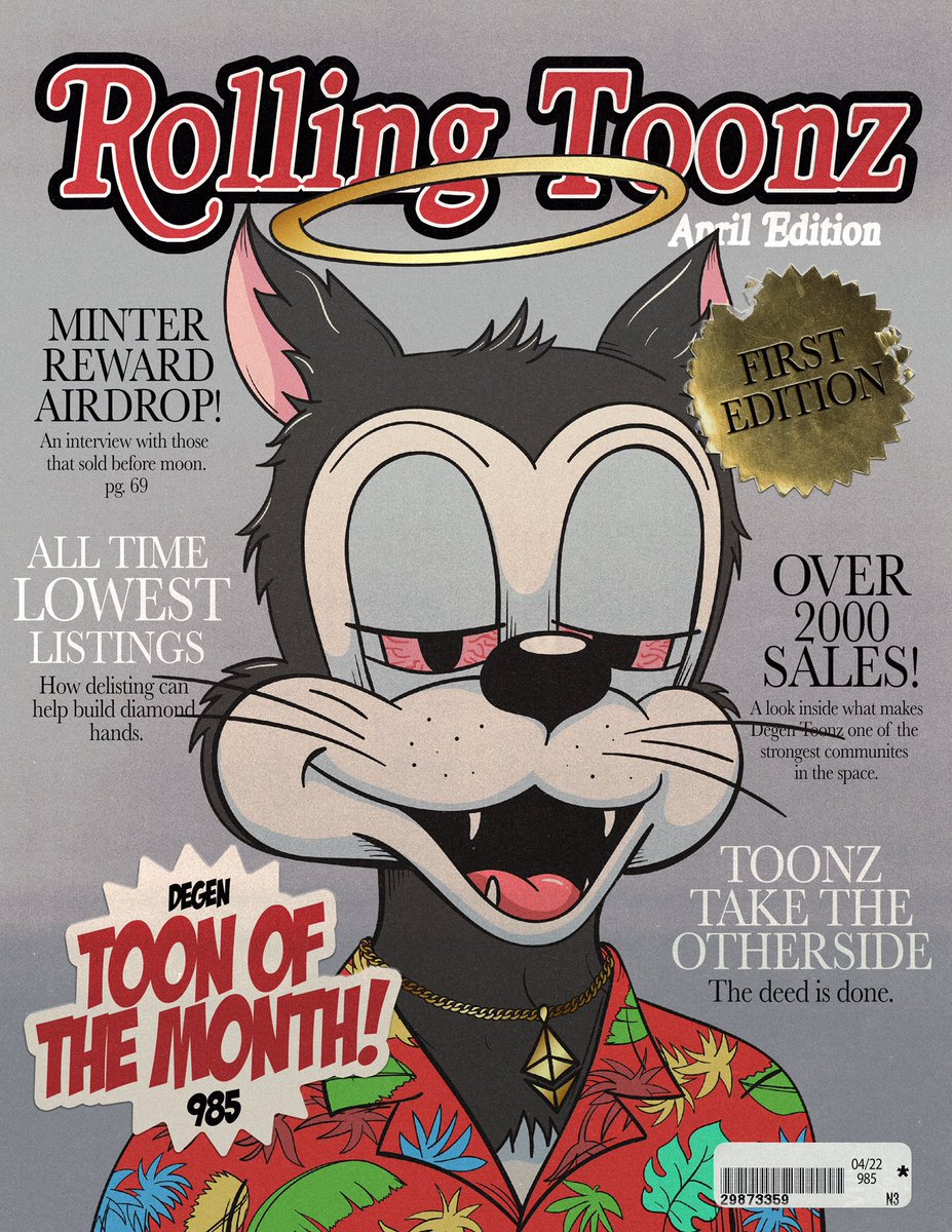 DegenToonz's tweet photo. Welcome our first Toon Of The Month! TOON 985! You will be receiving your 1/1 Rolling Toonz cover and 1 ETH in your wallet soon! Will your TOON be next? https://t.co/oMWh35nl8E