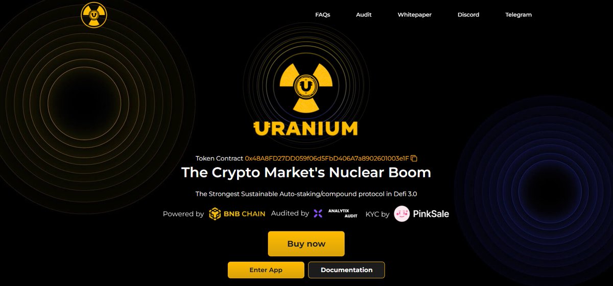 𝐍𝐞𝐰 𝐔𝐩𝐜𝐨𝐦𝐢𝐧𝐠 - #UraniumFinance  ☢️☠☠️☣

☢ Fixed Apy: 1,821,183% !!
☢ Interest paid every 15 minutes: 96 times daily!
☢ Team is Audited and KYC'd
☢ Launching on #PinkSale

uranium.financial