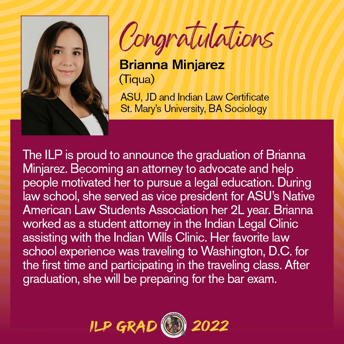 asuilp's tweet photo. We are happy to congratulate Brianna Minjarez! ๐โ While in law school, she has built strong relationships working with Colin Bradley Law PLLC, @academy4justice, @GRIC_Official, ASU NALSA and many more. We are thrilled to see what she does next!
#asuilp #ILPgrads2022 https://t.co/gXmr9fQS2N