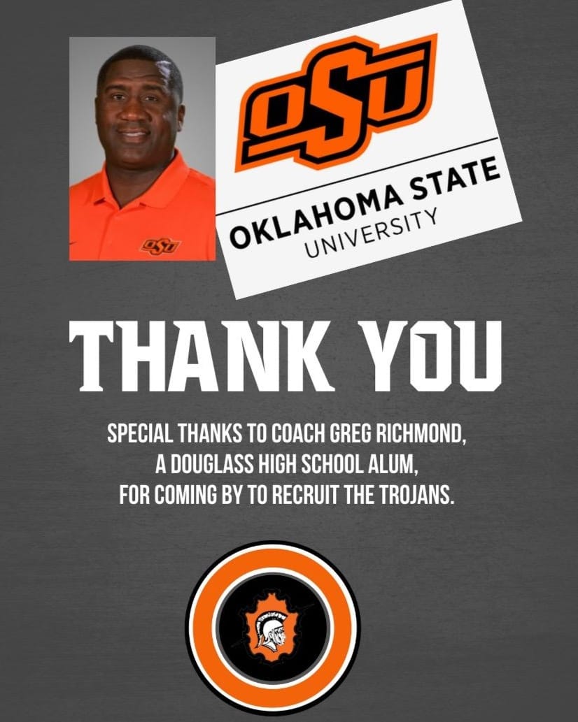 Thanks Coach <a href="/CoachGRichDL/">Greg Richmond</a>
for stopping by again to recruit the Trojans 🏈💪🏾 <a href="/CowboyFB/">OSU Cowboy Football</a> <a href="/DHSAthleticsOKC/">Douglass Trojans Athletics</a>