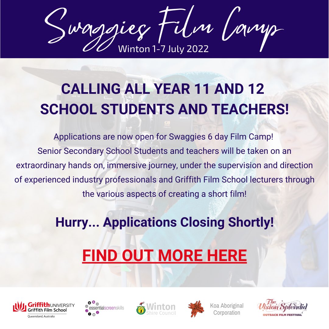 Extremely proud to be partnering with <a href="/GriffithFilm/">Griffith Film School</a> and #wintonshirecouncil on #swaggiesfilmcamp! FIND OUT MORE HERE griffith.edu.au/arts-education… #outback #schoolstudents #filmmaking #youngfilmmakers  #content
