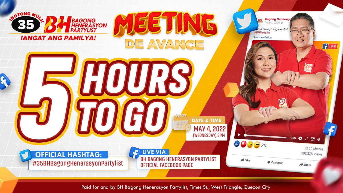 BH_Partylist's tweet photo. Mamayang alas-tres na ito mga Ka-BH!

Huwag magpahuli, at manatiling nakatutok sa ating OFFICIAL Facebook Page para sa livestream ng ating "Meeting De Avance".

Makisaya rin sa ating Twitter Party simula 2PM gamit ang hashtag na:
#35BHBagongHenerasyonPartylist

Kitakits mamaya! https://t.co/VqE2SHwpin