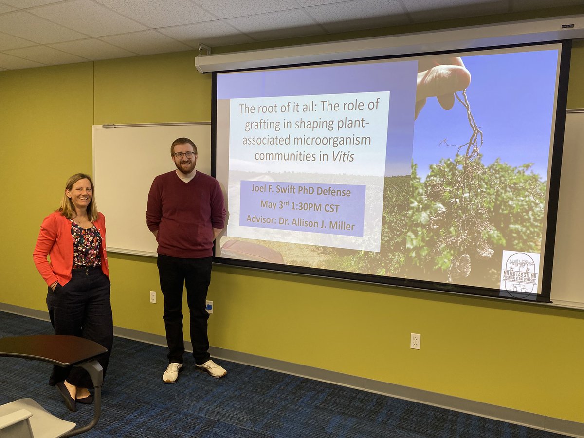 Congratulations to the new Dr. Joel Swift <a href="/PingSwift/">Joel Swift</a> on a terrific dissertation defense today <a href="/SLU_Official/">Saint Louis University</a> <a href="/SLUBiology/">SLUBiology</a> <a href="/DanforthCenter/">Danforth Center</a>! #firstgen college grad now PhD Joel studied the grapevine microbiome &amp; made wonderful contributions to our grapevine grafting <a href="/vitisroots/">Vitis Underground</a> team.