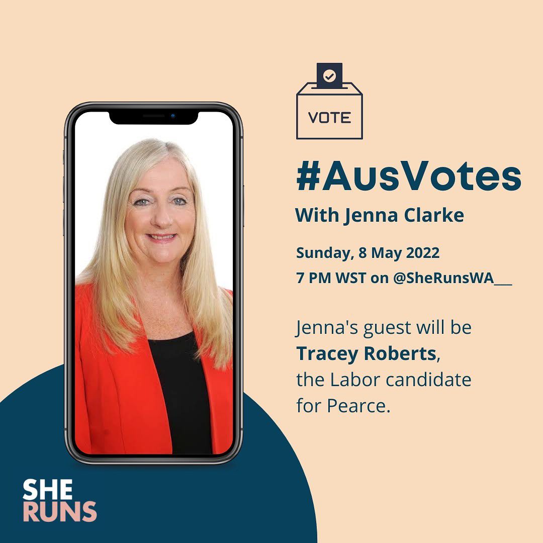 SheRunsWA's tweet photo. Welcome to Week 3 of #AusVotes🇦🇺🌭! Grab a 🍷or ☕️ and join @jennamclarke for our 3rd Instagram from 7pm WST this Sunday, 8/5. Get involved and DM your questions for Tracey Roberts!
#SheRuns #StrongWomenContent #AusPol #WAVotes #Election #IfInDoubtRun #Campaign #Collaborate #Grow https://t.co/lbi8vBs8KK