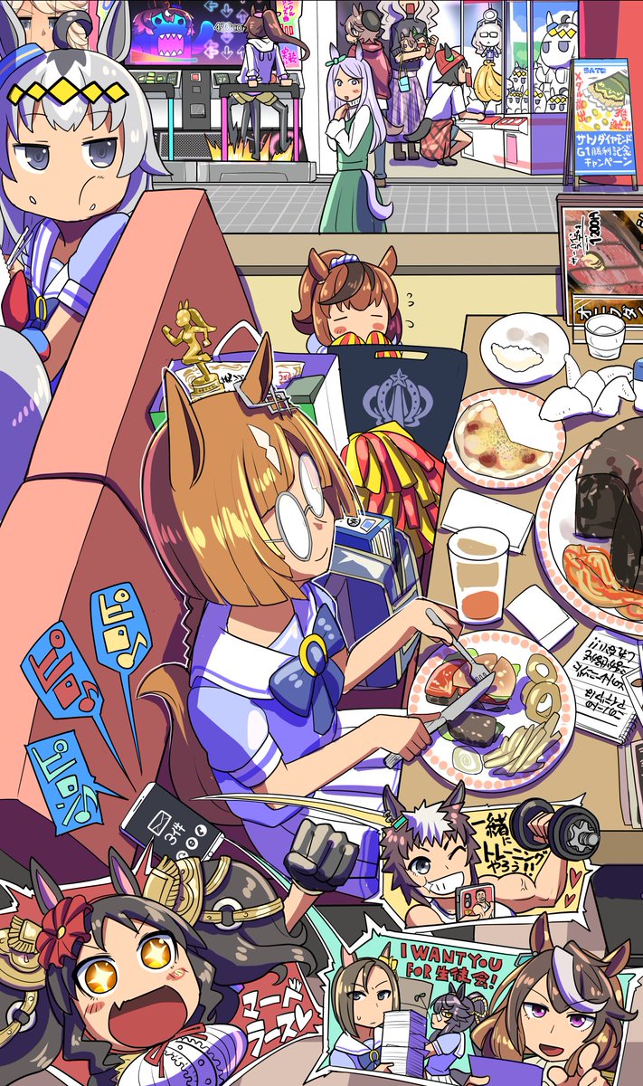 matikane tannhauser (umamusume) ,tokai teio (umamusume) ,twin turbo (umamusume) multiple girls horse ears horse girl restaurant animal ears tracen school uniform brown hair  illustration images