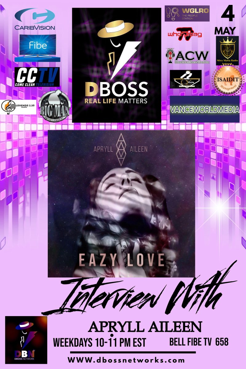 dbossnetwork1's tweet photo. WATCH WEDNESDAY MAY 3 @10PM Real Life Matters DBoss with APRYLL AILEEN - EAZY LOVE Album “Bad Things”

#entertainment #dbossnetwork #suitedboss #1stopmedia #CaribVision #OptimumTV #apryllaileen #eazylove #badthings #canadagames https://t.co/jtoS5B8yFX