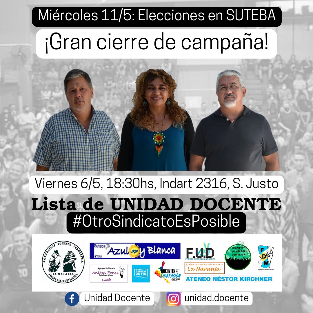 Unidad_Docente_'s tweet photo. Gran cierre de campaña de la Lista de #UNIDADDOCENTE
Vení. Acercate. Participá. Sumate a la UNIDAD que crece! 
Viernes 6/5, 18:30hs, Indart 2316, San Justo
#otrosindicatoesposible https://t.co/6MmUoYrXLP