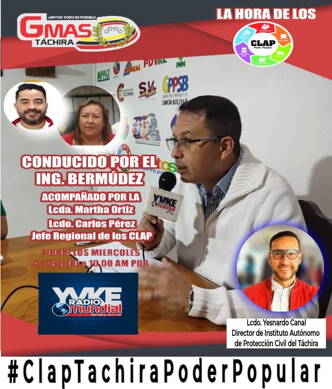 #04May #Miercoles a partir de las 8am por la 94.5 <a href="/YvkeTachira/">Yvke Tachira</a> el programa de las comunidades "La Hora de los Clap" con nuestro invitado el Director del Instituto Autónomo de Protección Civil del Táchira (Inaprocet) el Lcdo. <a href="/YesnardoCanal/">Yesnardo Canal</a> contacto vía SMS Al 0424 2072567