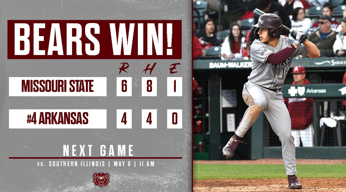 #MSUBears WIN!!!

Spencer Nivens and Drake Baldwin each hit two-run homers and the Bears take down 4th-ranked Arkansas in Fayetteville, 6-4!