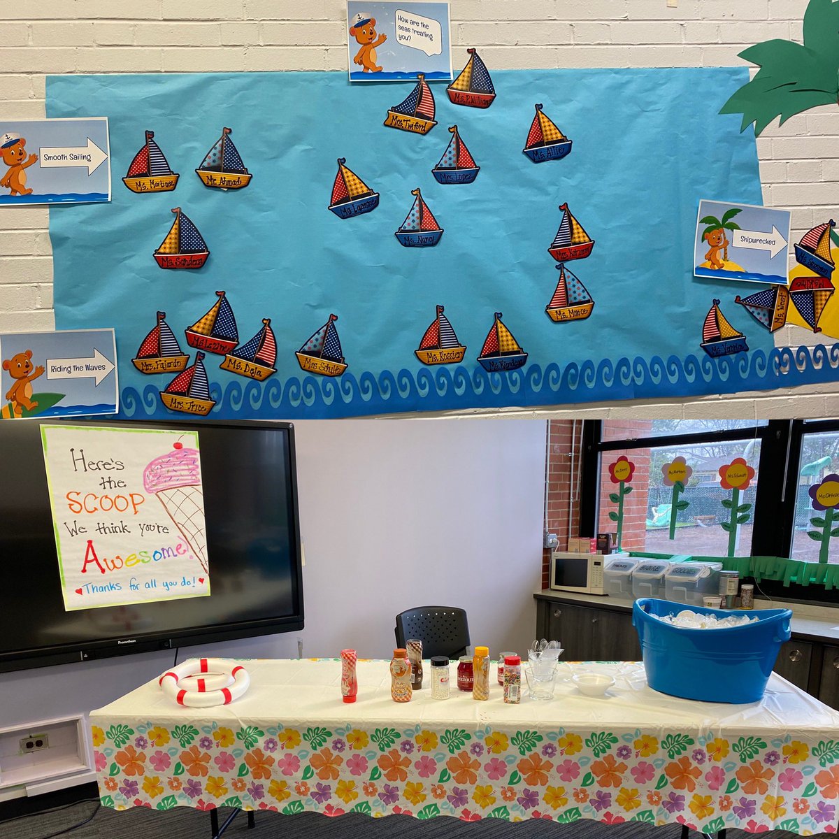 STwiford2006's tweet photo. Day 2 of celebrations: we asked how they were felling, “smooth sailing, riding the waves, or ship wrecked”. They also enjoyed a ice cream sundae. @GreenBayECC #strongerthenever #TeacherAppreciationWeek https://t.co/VlXuuoVFHE