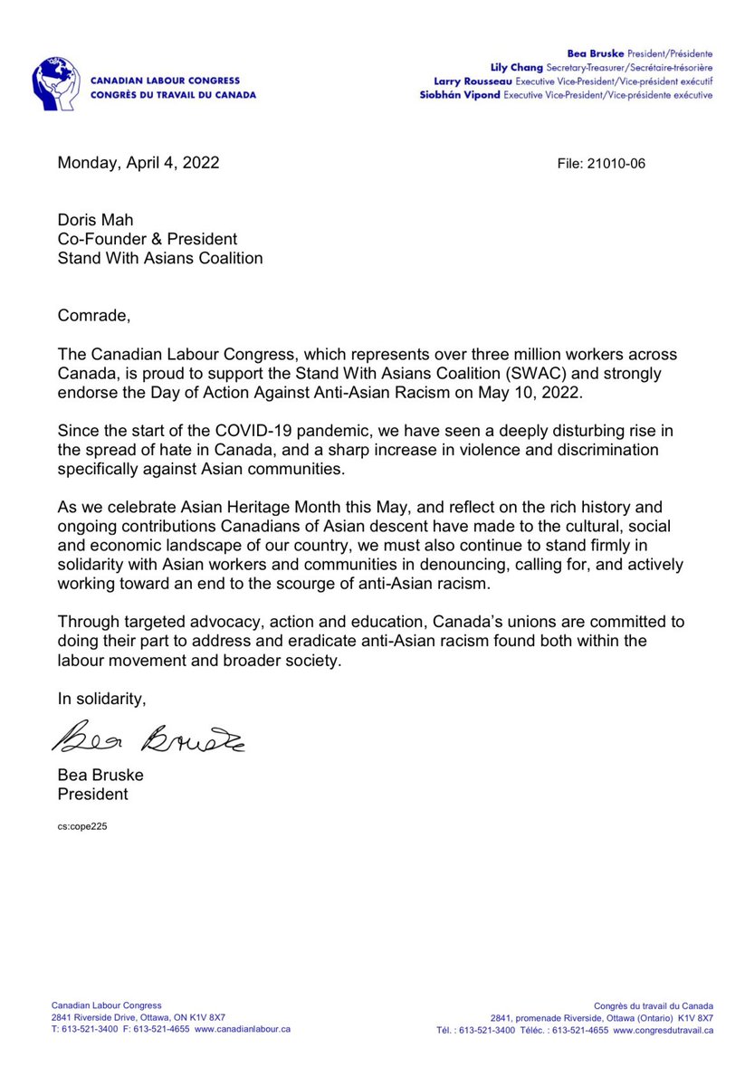 doriswk_mah's tweet photo. So amazing to receive @CanadianLabour endorsement. National Day of Action Against Anti-Asian Racism @SWACoalition is May 10. Join one of our rallies across Canada: #Vancouver #Burnaby #Surrey #Coquitlam #Edmonton #Calgary #Ottawa #Halifax https://t.co/Mp4UpbRe5J… https://t.co/He6Wc9ksiU