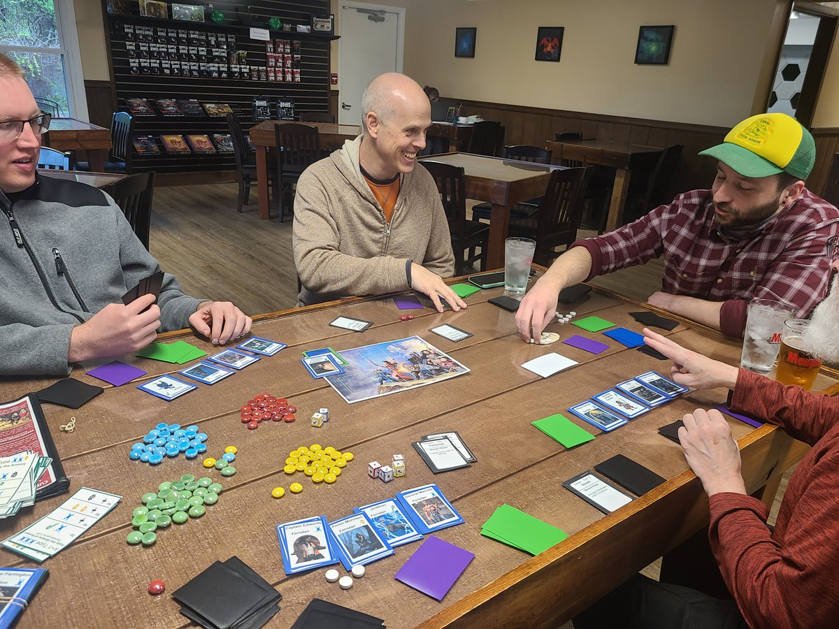 vescis's tweet photo. TFW you solve a game design issue that you've been struggling with for almost 5 years!  Plus, I got to remove one of my boards, something I over-advise others to do!

For the Greater Good playtest at the @MaltedMeeple 
#boardgames #gamedesign https://t.co/wE1Xrgvg55