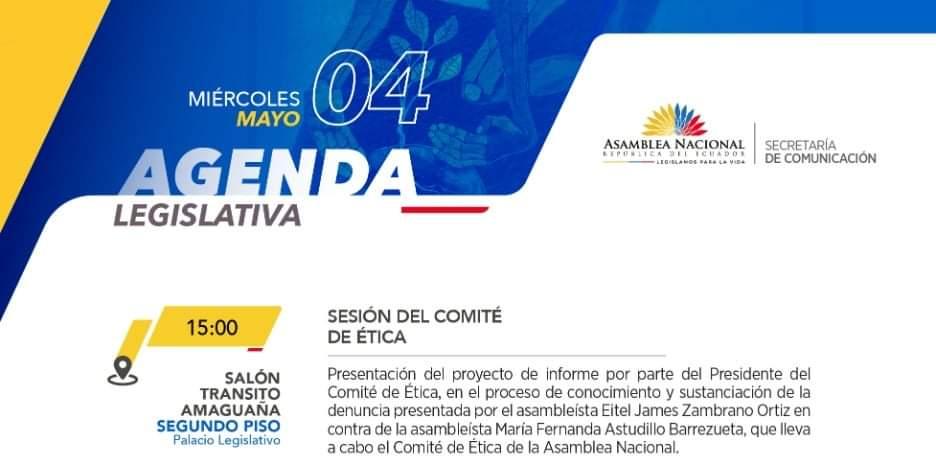 Miércoles 04/mayo/2022 || <a href="/PepeChimbo/">José Chimbo</a> presidente del <a href="/ComiteDeEticaAN/">Comité Etica de la Asamblea Ecuador</a> presentará el proyecto de informe, en el proceso de conocimiento y sustanciación de la denuncia presentada por el As. <a href="/EitelZambranoEc/">Eitel Zambrano</a> en contra de  As.<a href="/Fernanda_Mashi/">Fernanda Astudillo</a> .  
<a href="/AsambleaEcuador/">Asamblea Nacional</a> <a href="/LaRadioAsamblea/">La Radio Asamblea</a>