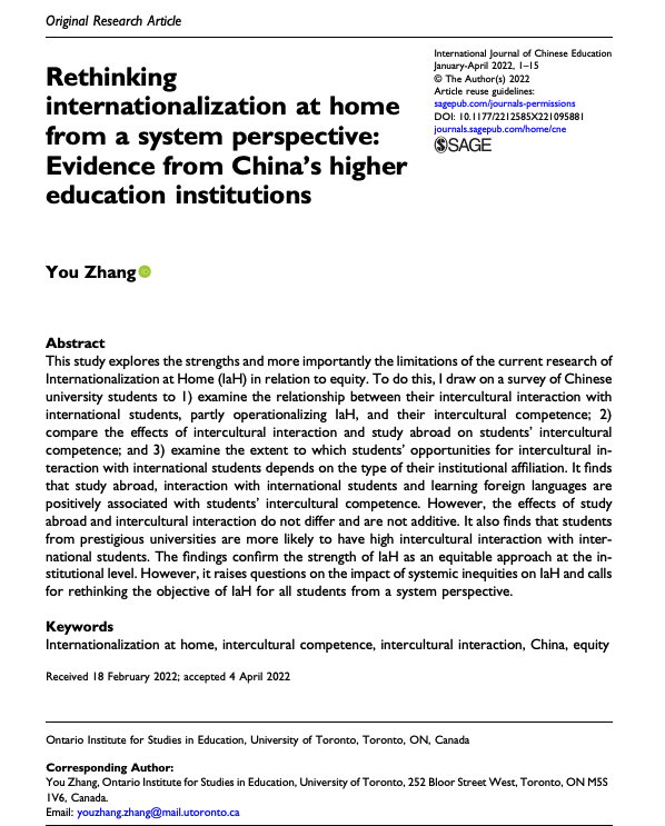 Can Internationalization at Home really benefit all students in higher education when the higher education system has inequity issues? My new article published 
<a href="/Edu_IJCE/">International Journal of Chinese Education</a> addresses this issue with empirical data from Chinese students. Full text here: journals.sagepub.com/doi/pdf/10.117…