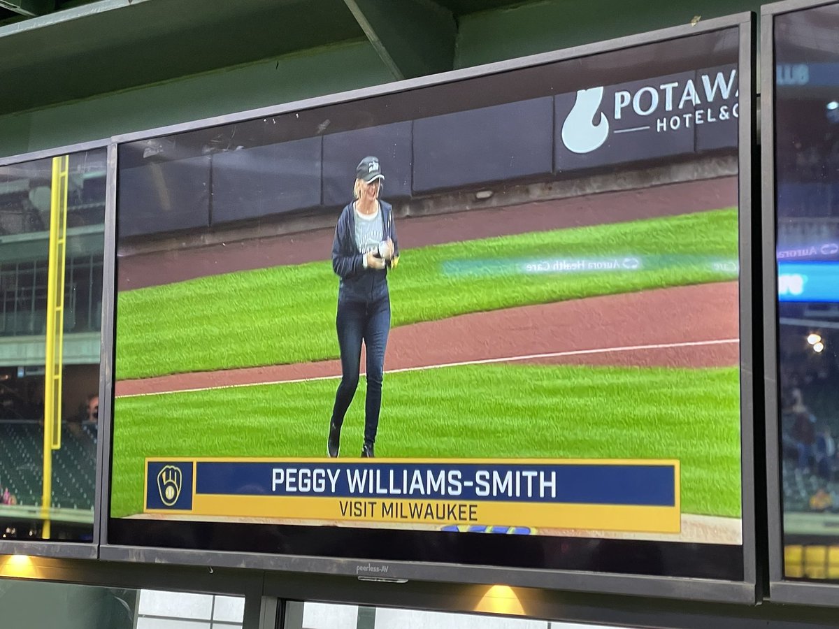 bkubel's tweet photo. Our @visitmilwaukee CEO @peggysmith threw out an awesome first pitch at the @Brewers game tonight! #onebounce https://t.co/8UyX54w1Vp