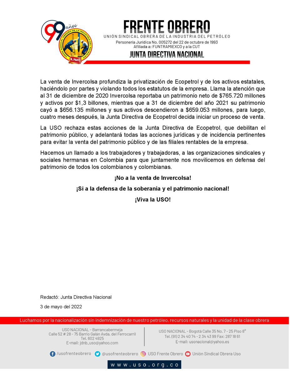 usofrenteobrero's tweet photo. Vender #invercolsa es feriar activos estratégicos muy rentables d @ECOPETROL_SA. Vender #Invercolsa es tirar al caño 22 años de lucha en los tribunales para recuperarla de las garras del corrupto Fernando Londoño Hoyos. #SomosUSO se opone a esta nueva privatización. @MoisesBaron8 https://t.co/Q6Taa6FNtX