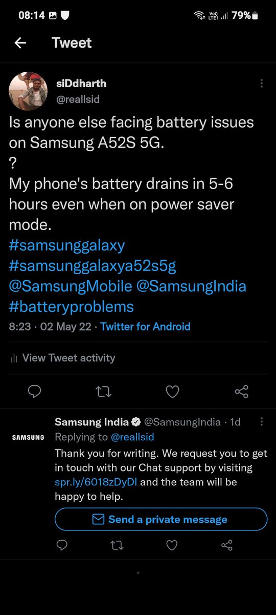 reallsid's tweet image. I was asked to DM with the problem and i did but Its already been 2 days and no response.@SamsungIndia @SamsungMobile #samsunggalaxy #samsunggalaxya52s5g #heatingproblems #batteryissues