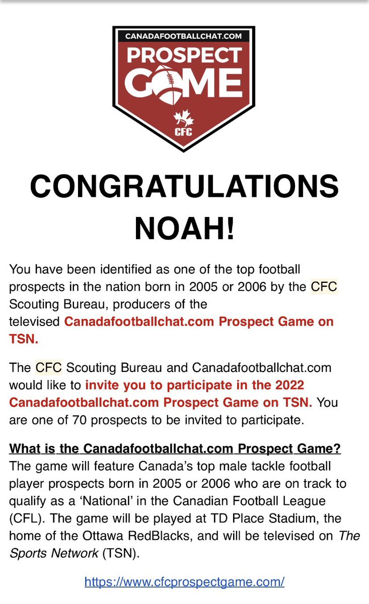 Very excited to announce that I will be playing in the CFC prospect game May 27th in Ottawa. Thank you to all my coaches <a href="/Privateers__/">Charlottetown Privateers</a> <a href="/footballpei/">Football PEI</a> <a href="/LoganTillman/">Logan Tuley-Tillman</a> <a href="/LT2FBA/">LT2FBA Global</a>