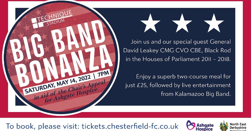 ChesterfieldFC's tweet photo. 🎵 𝔹𝕚𝕘 𝔹𝕒𝕟𝕕 𝔹𝕠𝕟𝕒𝕟𝕫𝕒 🎶

There will be a fantastic night of music and entertainment this Saturday, all in aid of Ashgate Hospice.

Tickets cost just £25 which includes a two course meal and entertainment from Kalamazoo Big Band!

Book your ticket(s) here 👇